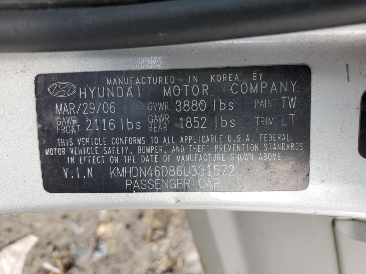 2006 Hyundai Elantra Gls VIN: KMHDN46D86U331572 Lot: 65808244