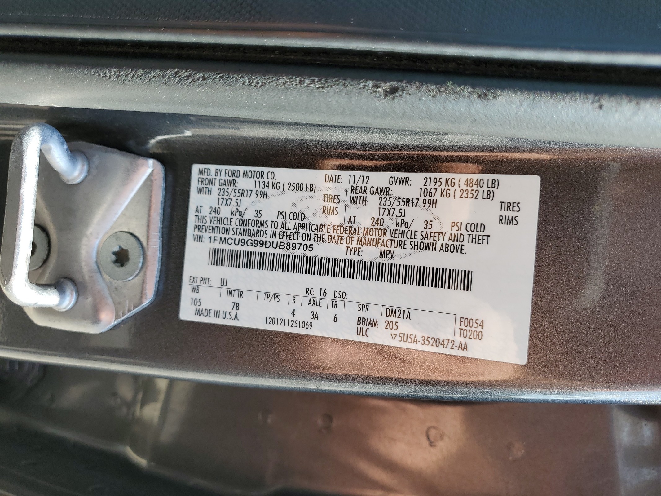 1FMCU9G99DUB89705 2013 Ford Escape Se