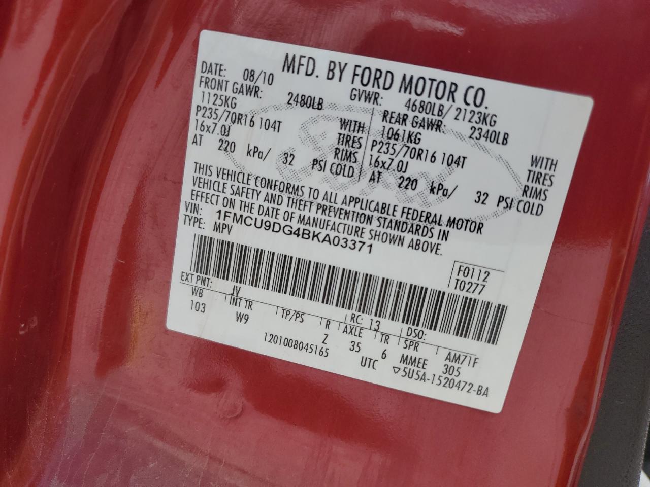 2011 Ford Escape Xlt VIN: 1FMCU9DG4BKA03371 Lot: 66546144