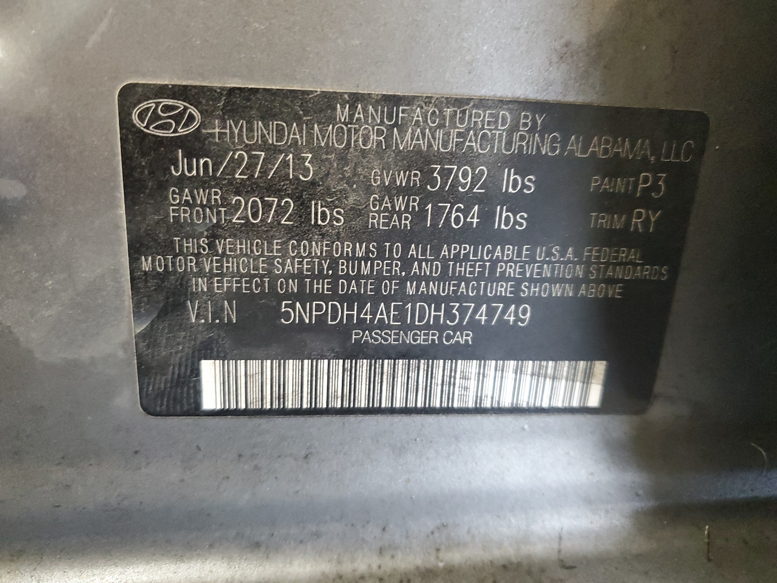 5NPDH4AE1DH374749 2013 Hyundai Elantra Gls