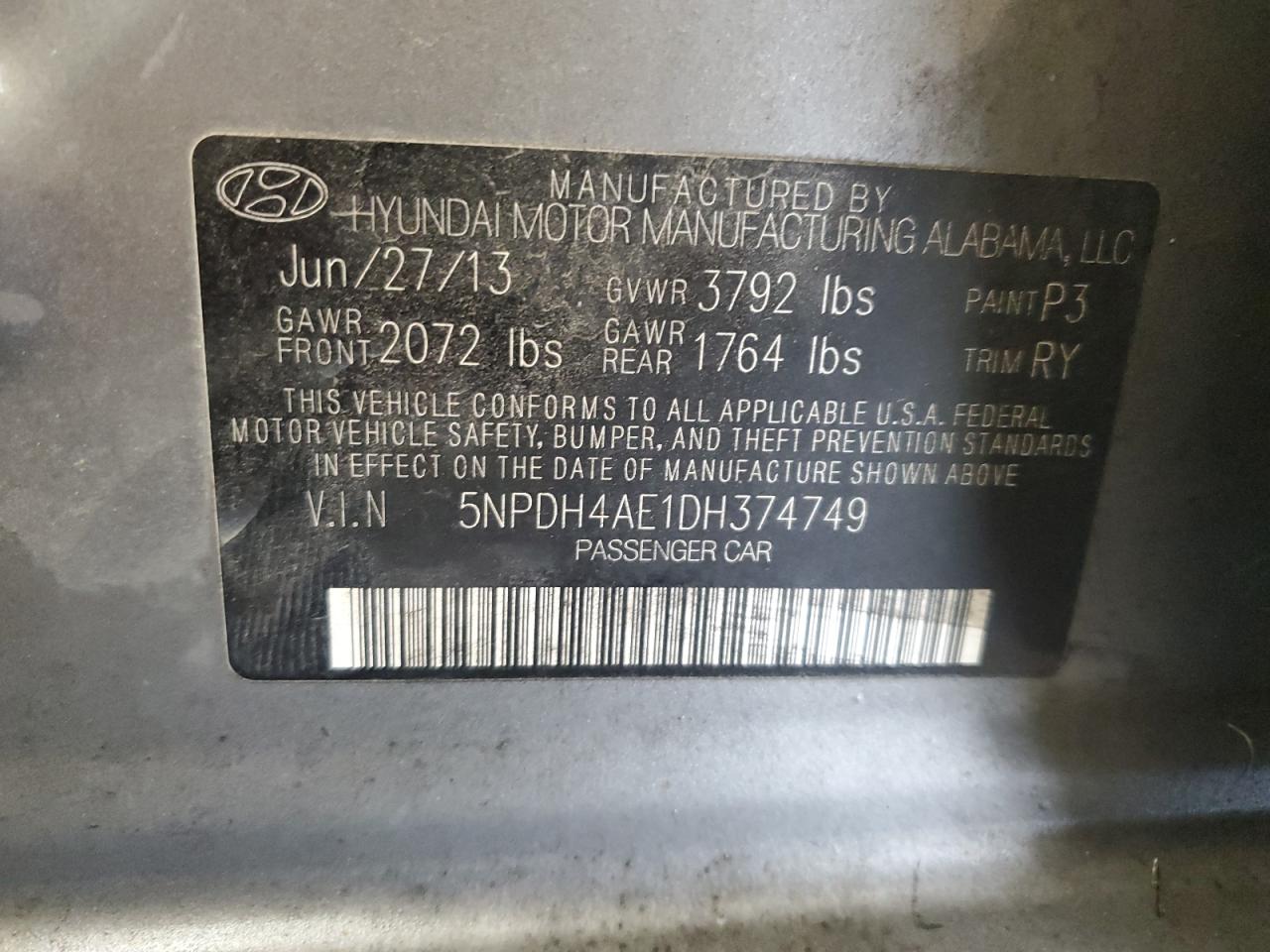 2013 Hyundai Elantra Gls VIN: 5NPDH4AE1DH374749 Lot: 65963924