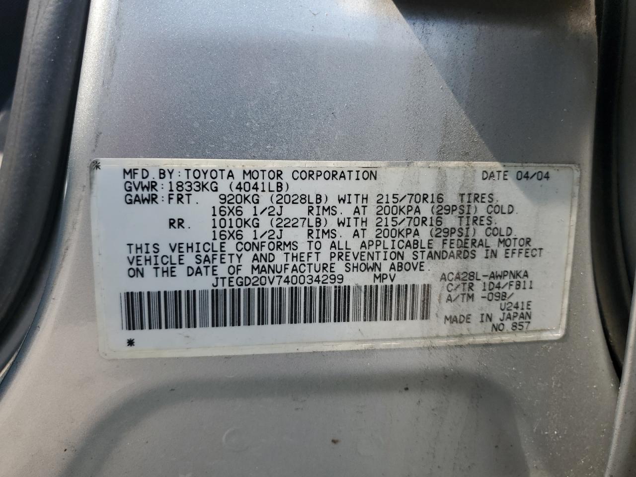 2004 Toyota Rav4 VIN: JTEGD20V740034299 Lot: 68051114