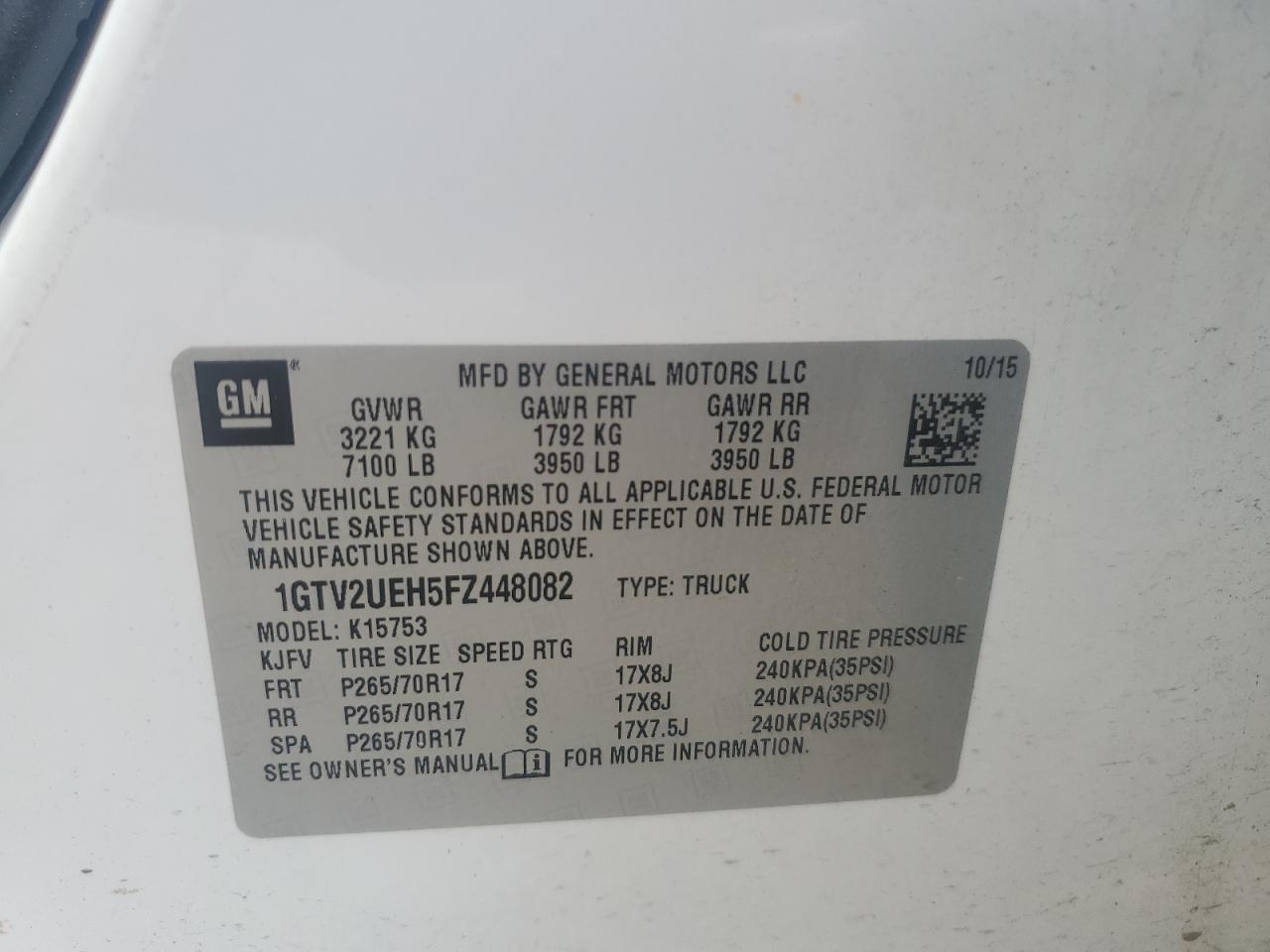 1GTV2UEH5FZ448082 2015 GMC Sierra K1500 Sle