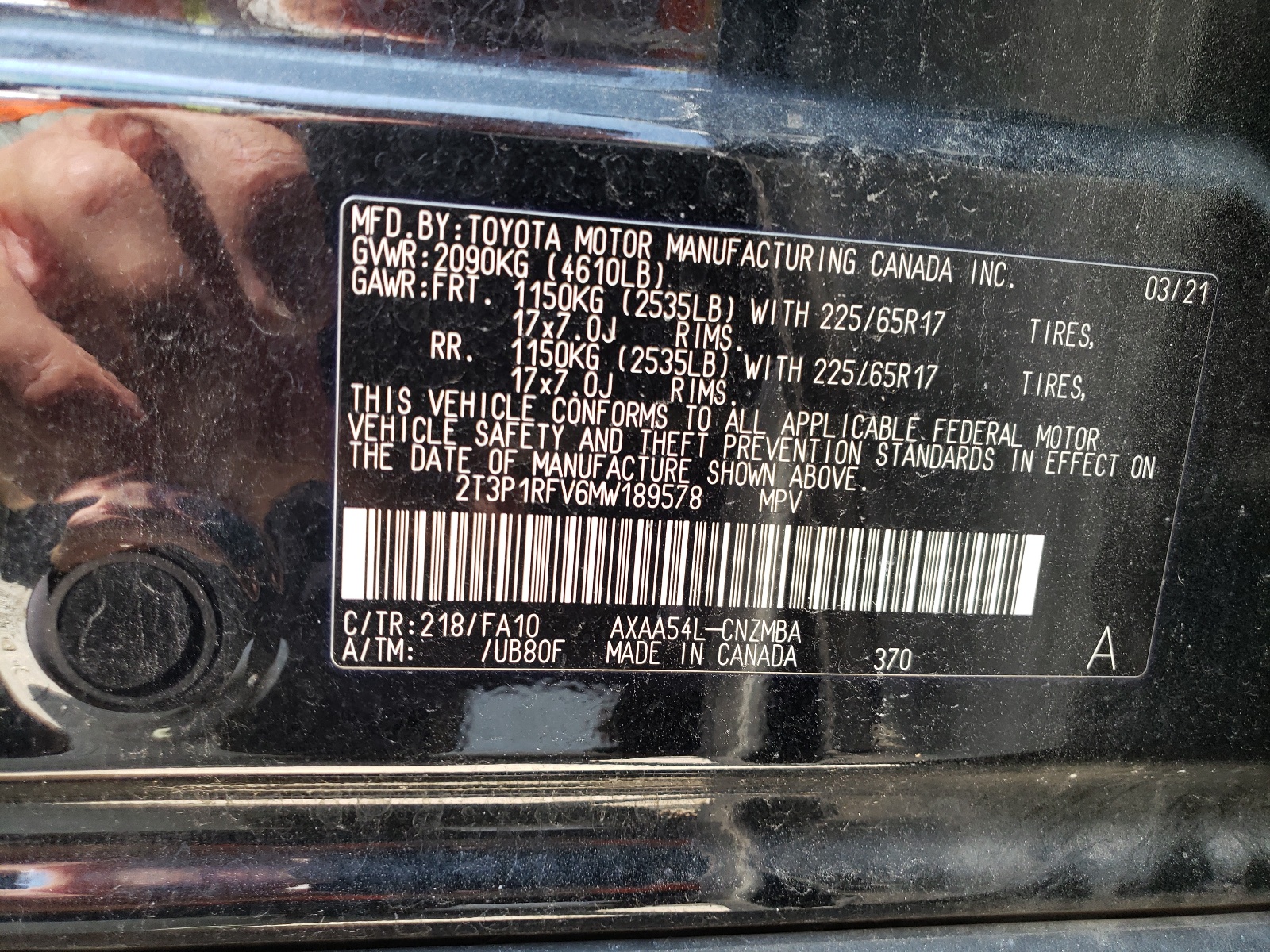 2T3P1RFV6MW189578 2021 Toyota Rav4 Xle
