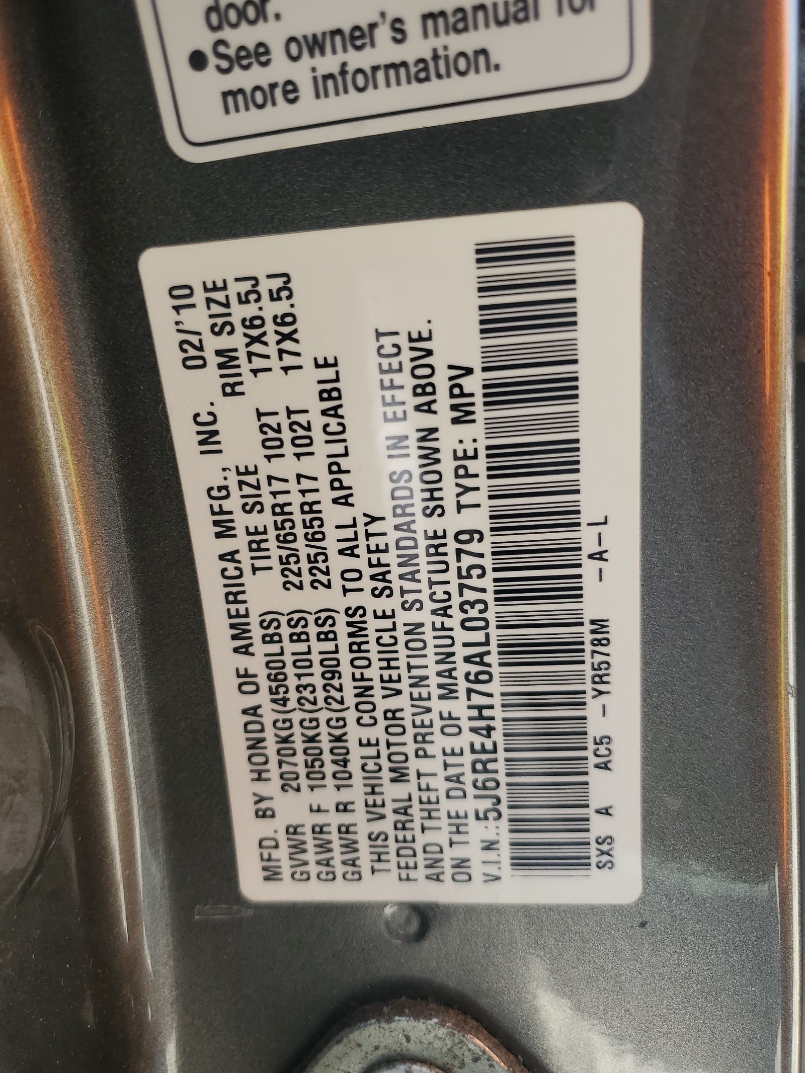 5J6RE4H76AL037579 2010 Honda Cr-V Exl