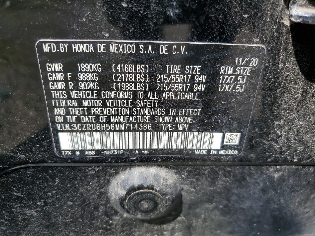 2021 Honda Hr-V Ex VIN: 3CZRU6H56MM714386 Lot: 68084254