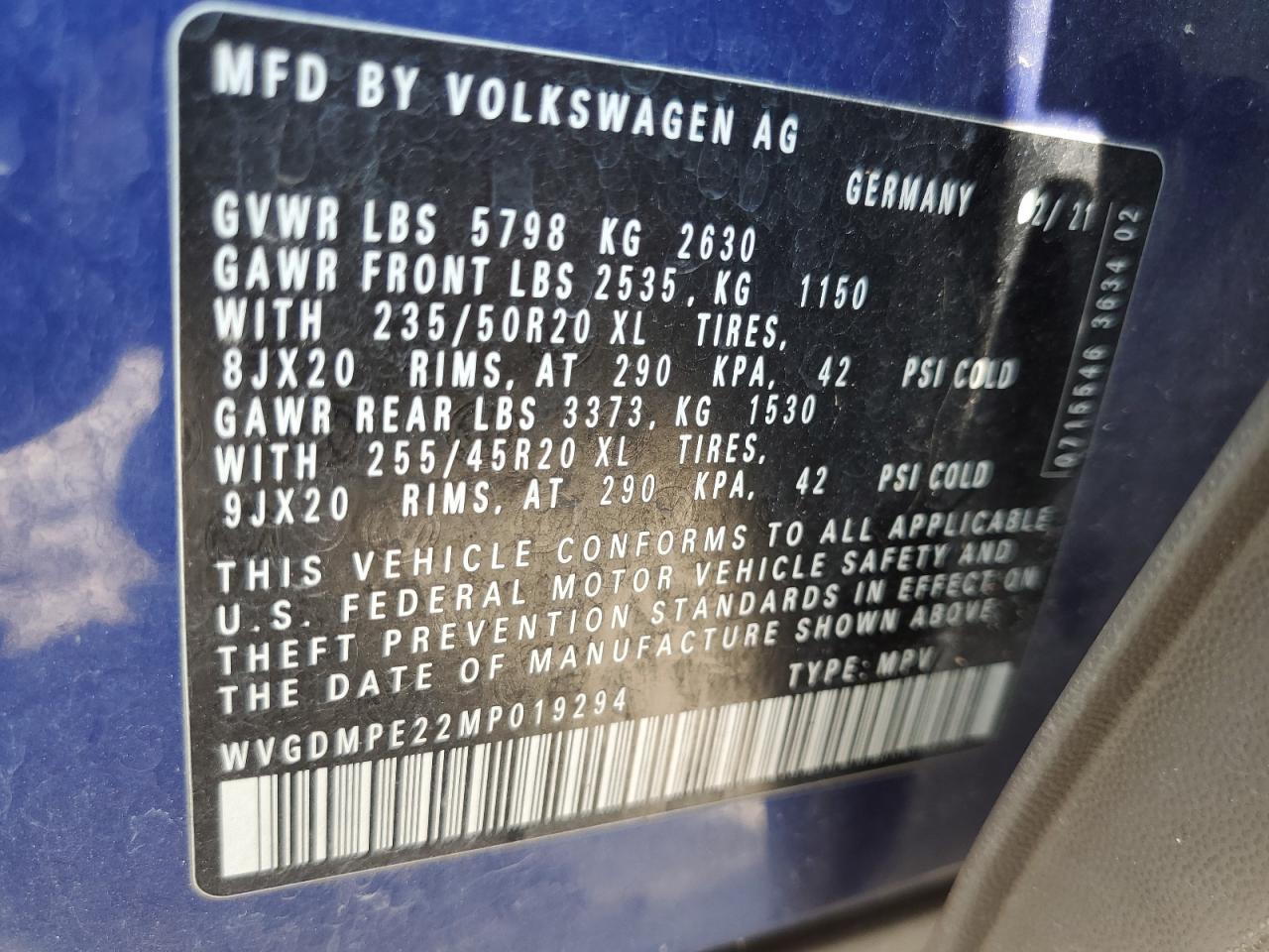 2021 Volkswagen Id.4 First Edition VIN: WVGDMPE22MP019294 Lot: 68013154