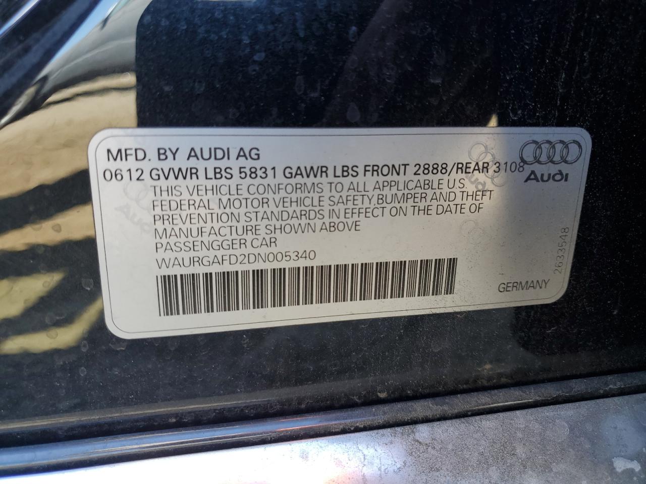 2013 Audi A8 L Quattro VIN: WAURGAFD2DN005340 Lot: 68507724