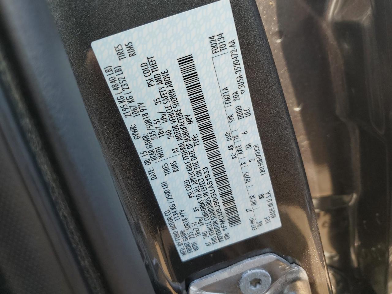 2016 Ford Escape Titanium VIN: 1FMCU9J90GUA51533 Lot: 67737604