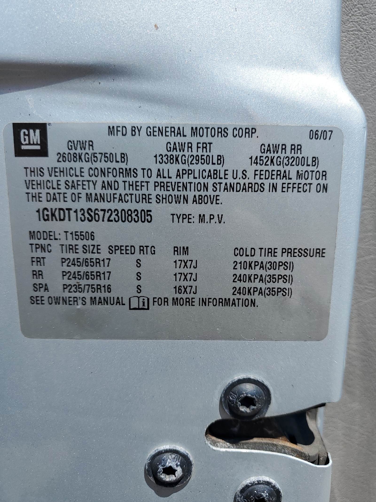 1GKDT13S672308305 2007 GMC Envoy