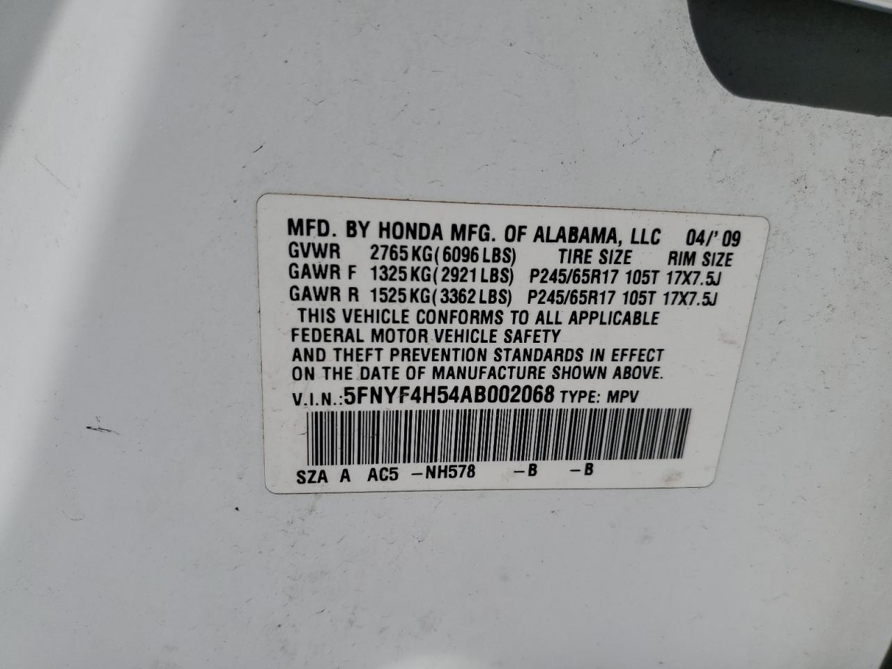 2010 Honda Pilot Exl VIN: 5FNYF4H54AB002068 Lot: 65441644