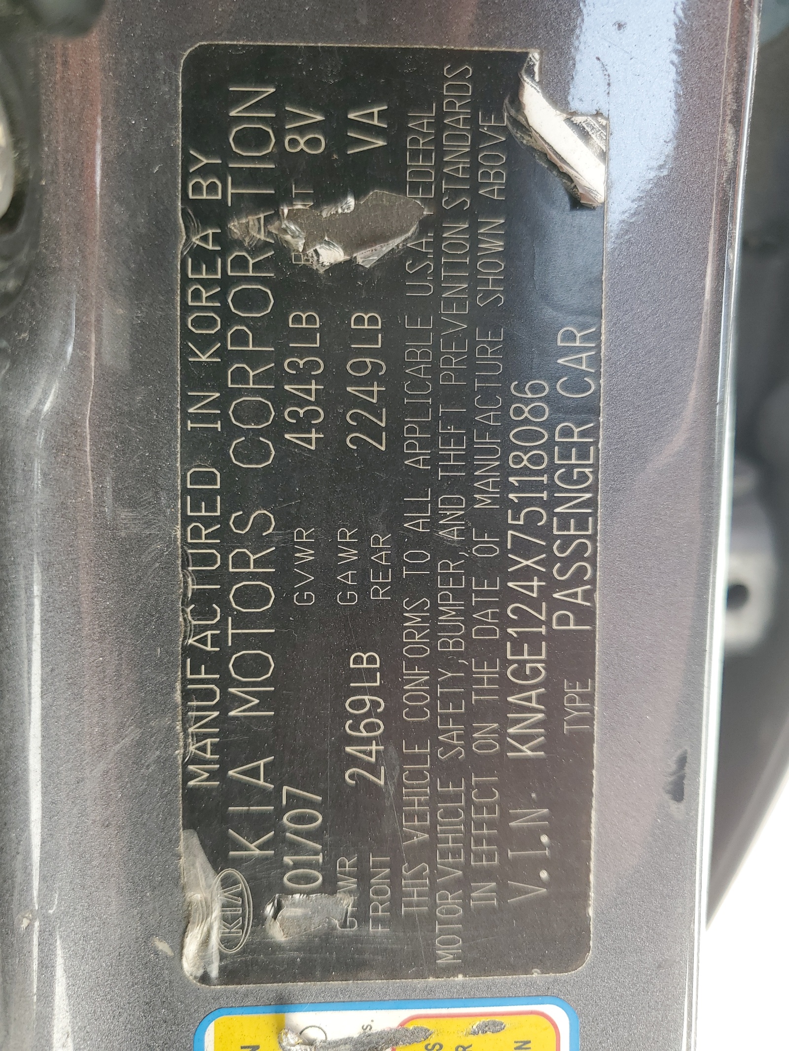 KNAGE124X75118086 2007 Kia Optima Lx