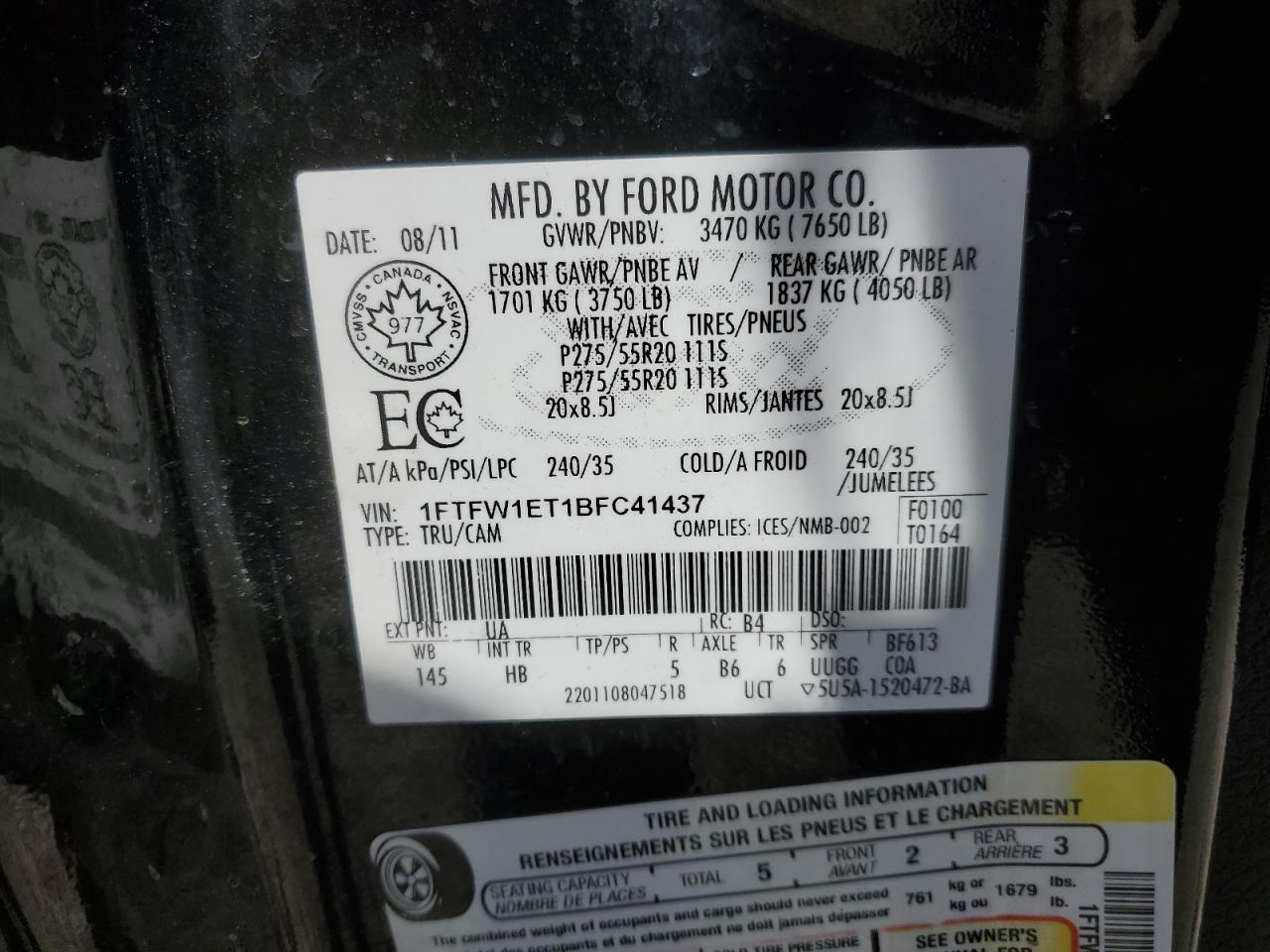 1FTFW1ET1BFC41437 2011 Ford F150 Supercrew