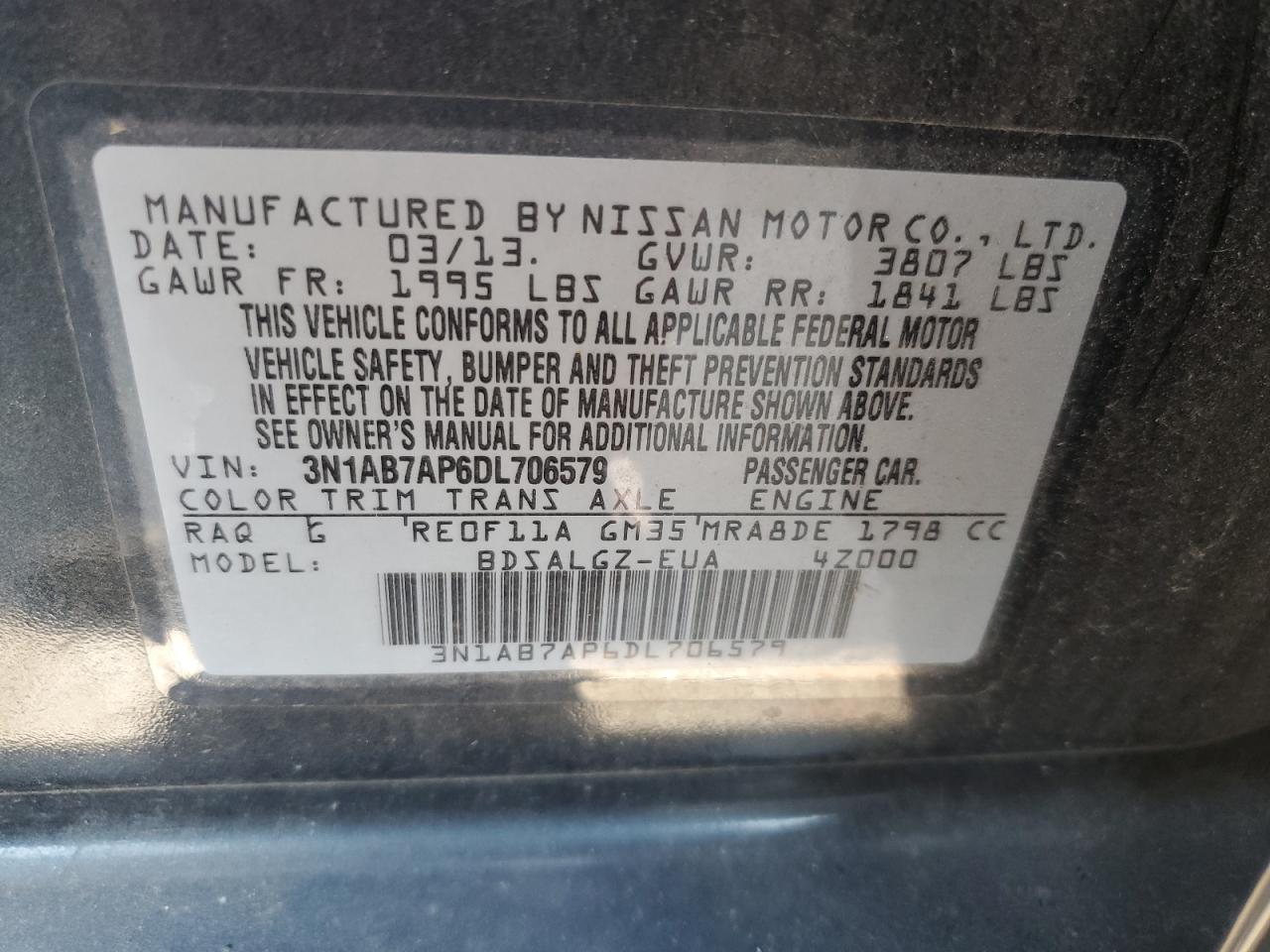 3N1AB7AP6DL706579 2013 Nissan Sentra S