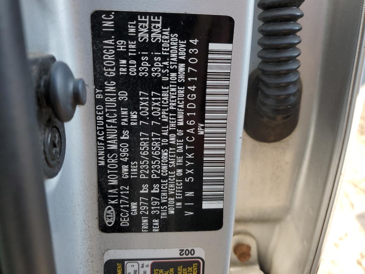 2013 Kia Sorento Lx VIN: 5XYKTCA61DG417034 Lot: 66725534