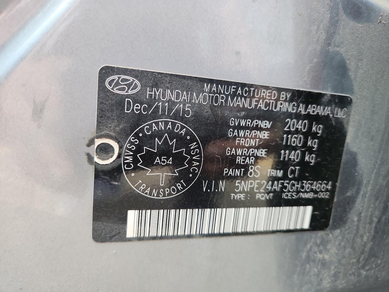 2016 Hyundai Sonata Gl VIN: 5NPE24F5GH364664 Lot: 67898304