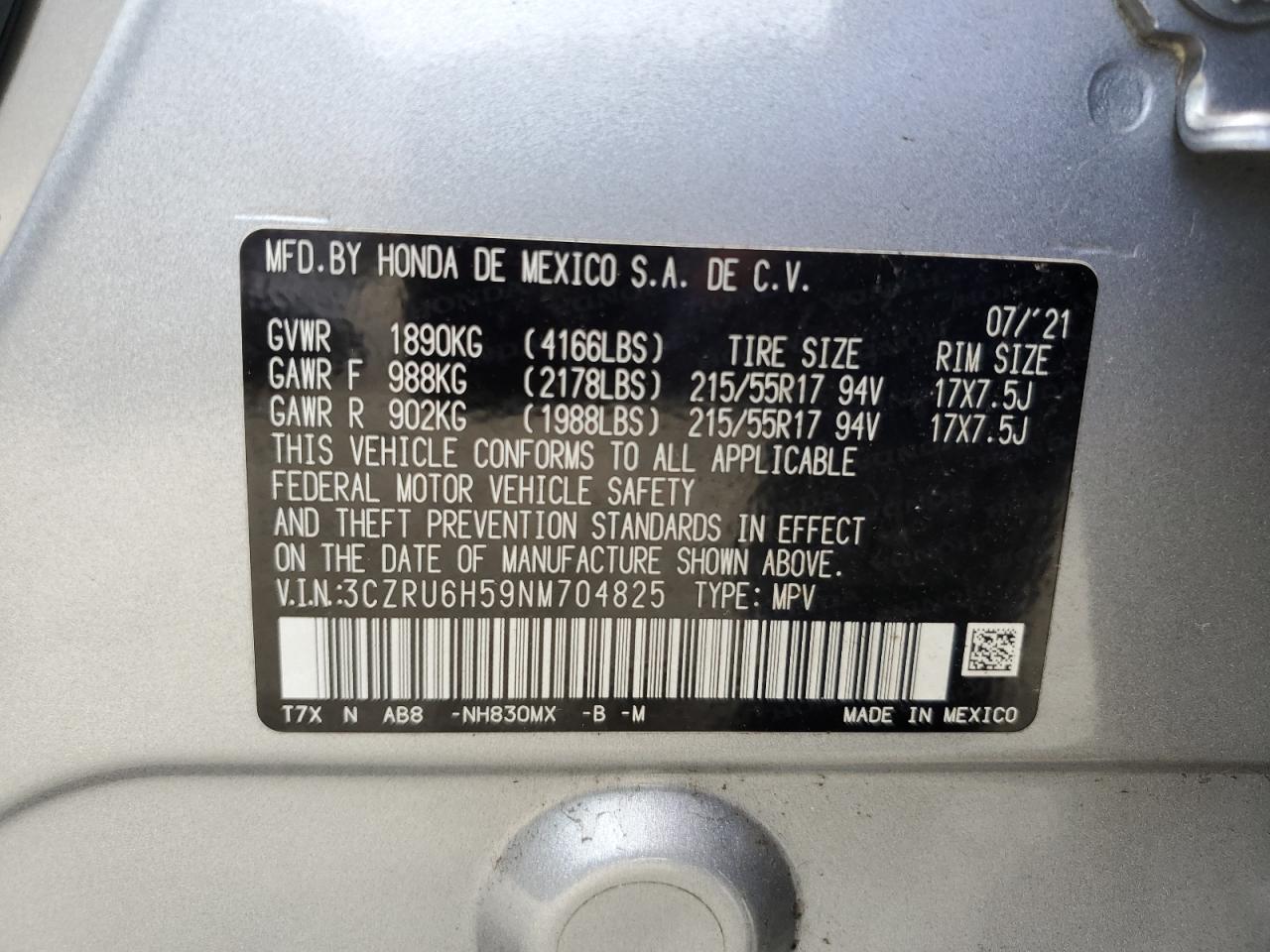 3CZRU6H59NM704825 2022 Honda Hr-V Ex