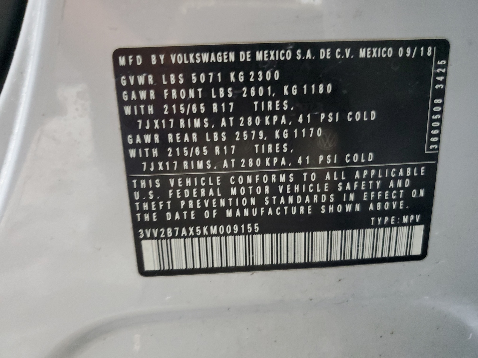 3VV2B7AX5KM009155 2019 Volkswagen Tiguan Se