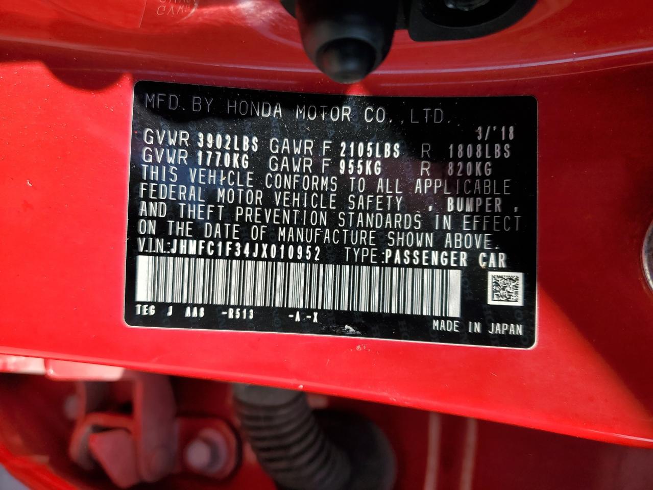 2018 Honda Civic Ex VIN: JHMFC1F34JX010952 Lot: 66858324