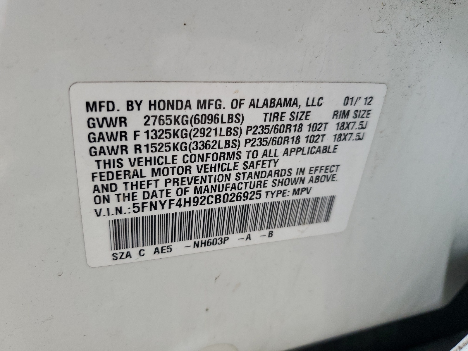 5FNYF4H92CB026925 2012 Honda Pilot Touring