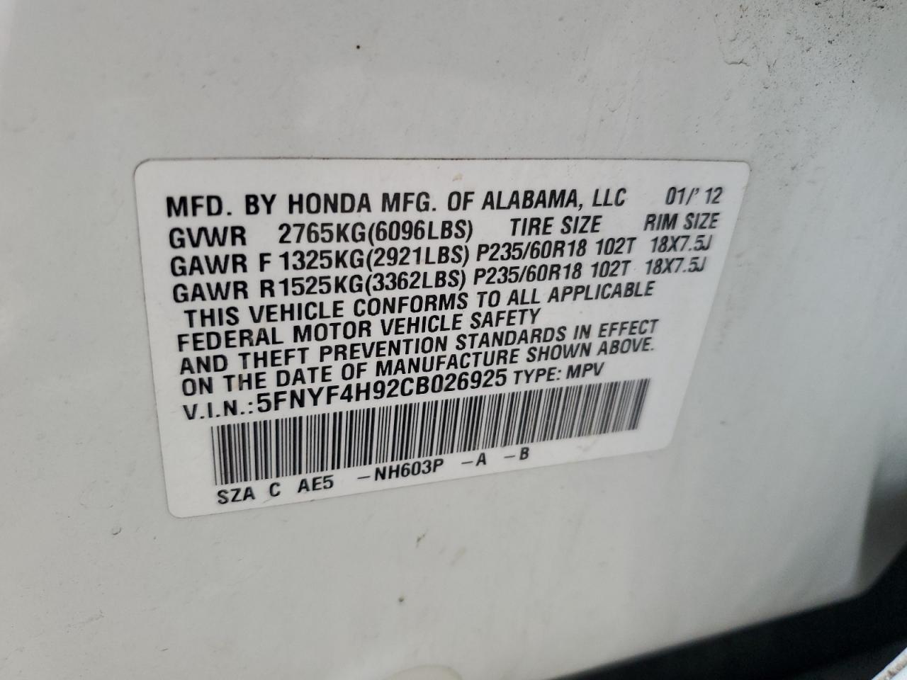 2012 Honda Pilot Touring VIN: 5FNYF4H92CB026925 Lot: 66028434