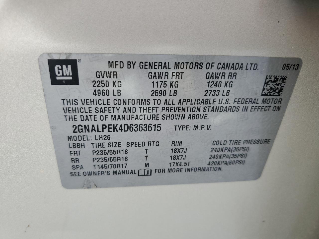 2GNALPEK4D6363615 2013 Chevrolet Equinox Lt