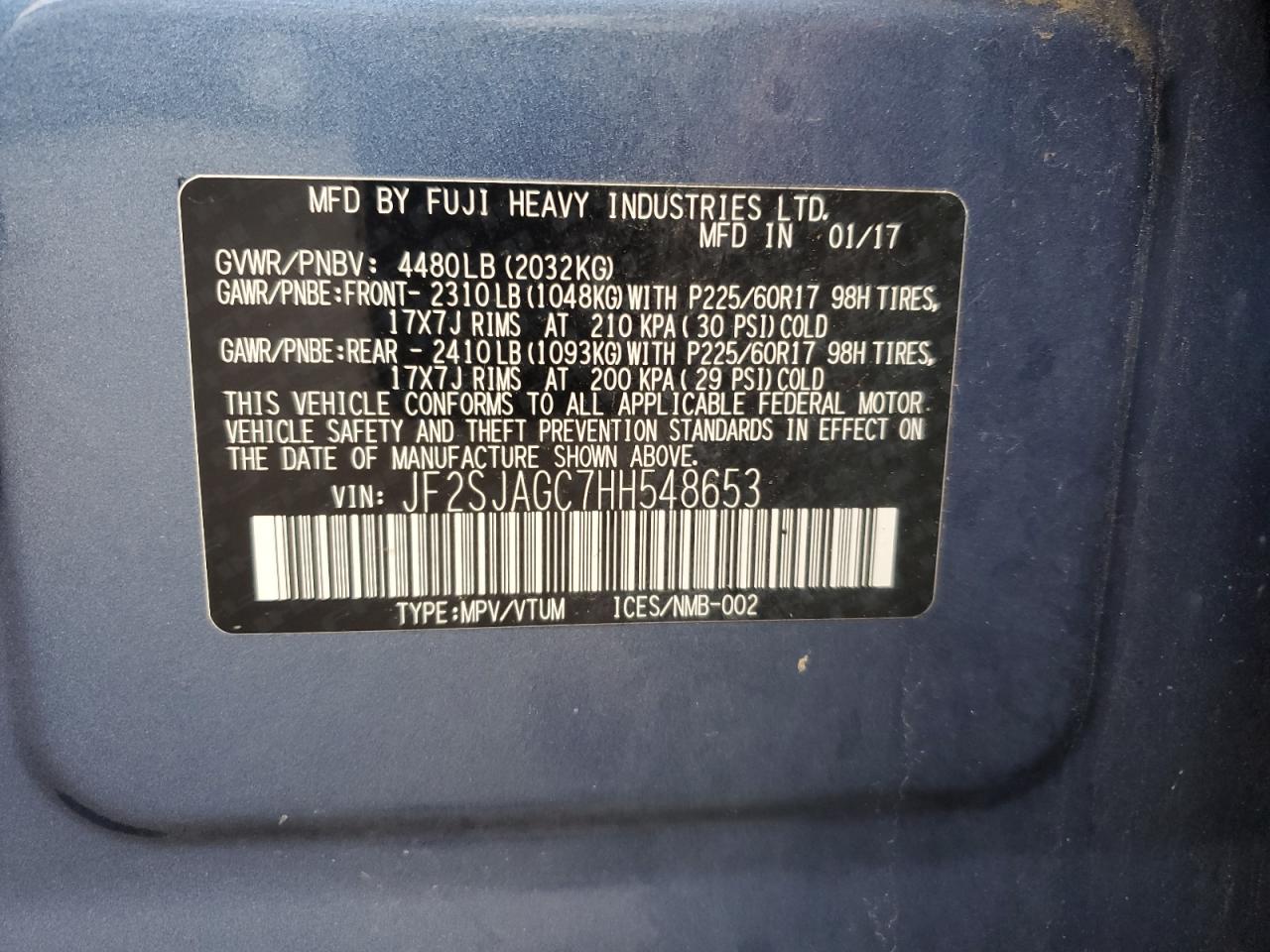 2017 Subaru Forester 2.5I Premium VIN: JF2SJAGC7HH548653 Lot: 67497304