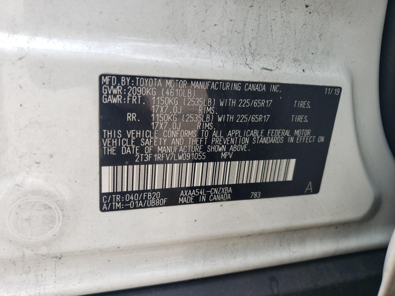 2T3F1RFV7LW091055 2020 Toyota Rav4 Le