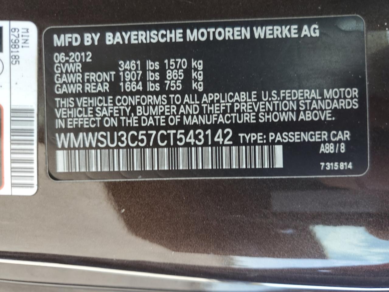 2012 Mini Cooper VIN: WMWSU3C57CT543142 Lot: 65867224