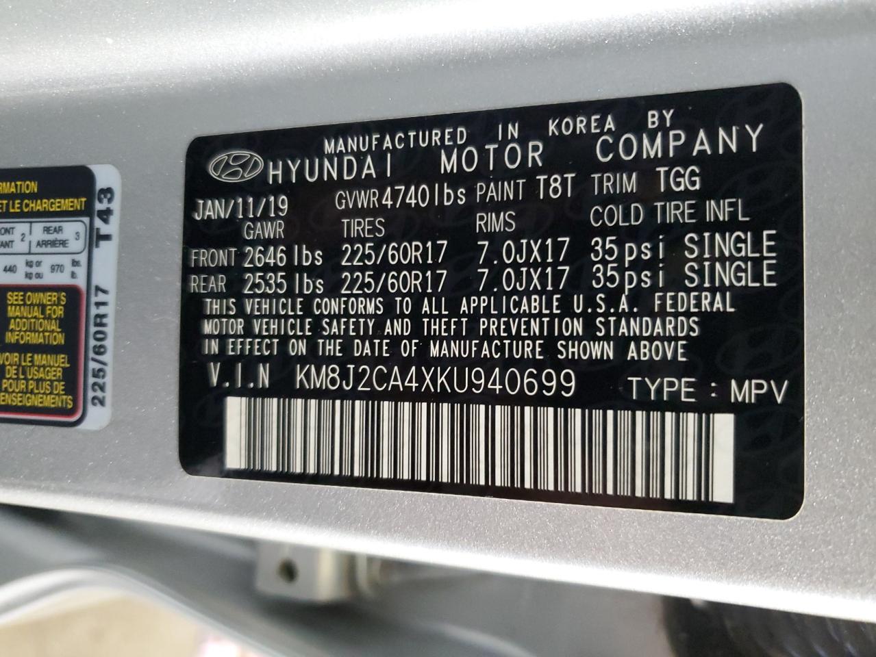 2019 Hyundai Tucson Se VIN: KM8J2CA4XKU940699 Lot: 66652604