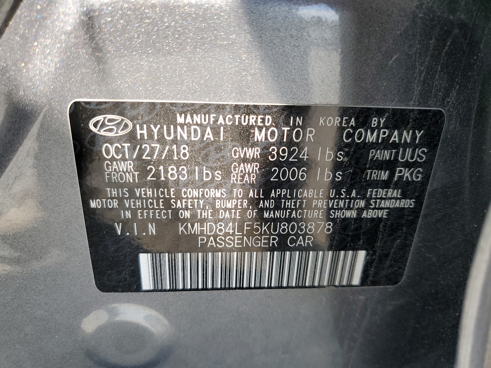 KMHD84LF5KU803878 2019 Hyundai Elantra Sel