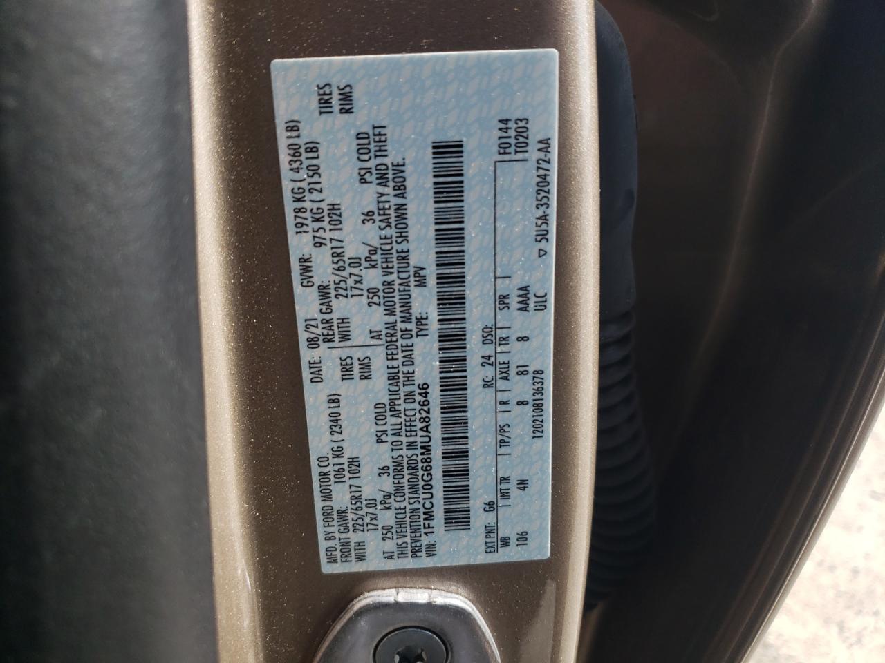 2021 Ford Escape Se VIN: 1FMCU0G68MUA82646 Lot: 66502564