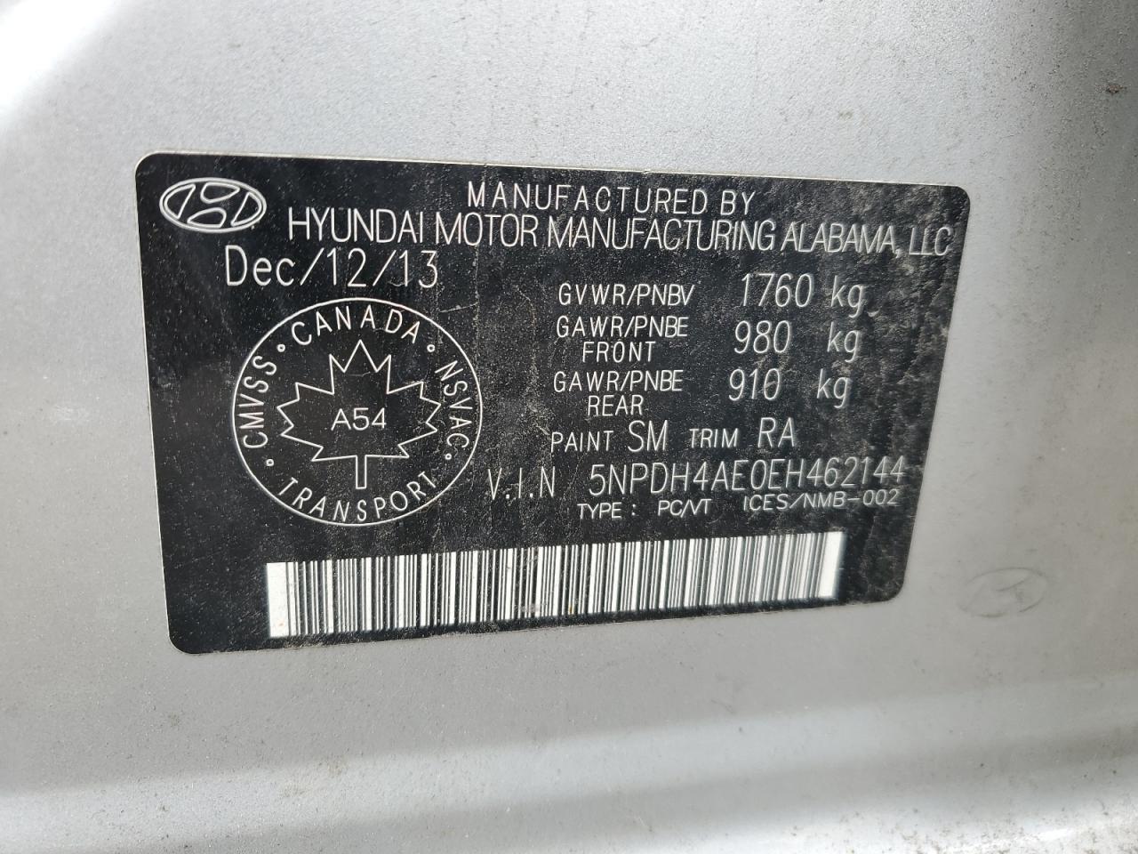 2014 Hyundai Elantra Se VIN: 5NPDH4AE0EH462144 Lot: 66413284