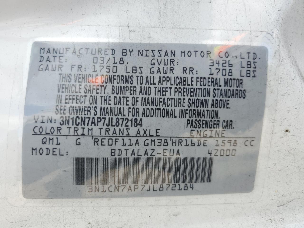 3N1CN7AP7JL872184 2018 Nissan Versa S