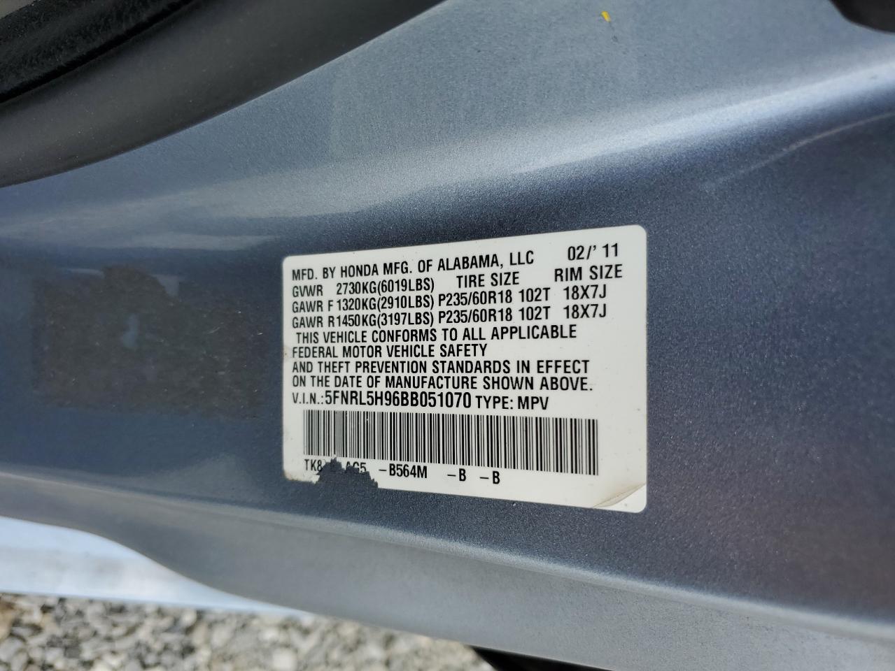 5FNRL5H96BB051070 2011 Honda Odyssey Touring