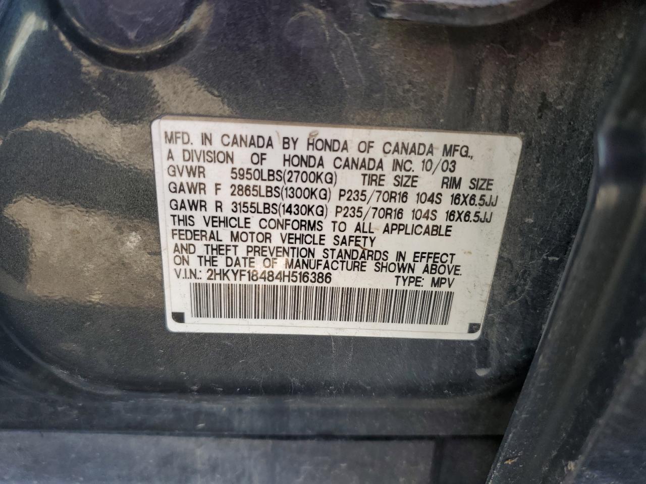 2HKYF18484H516386 2004 Honda Pilot Ex