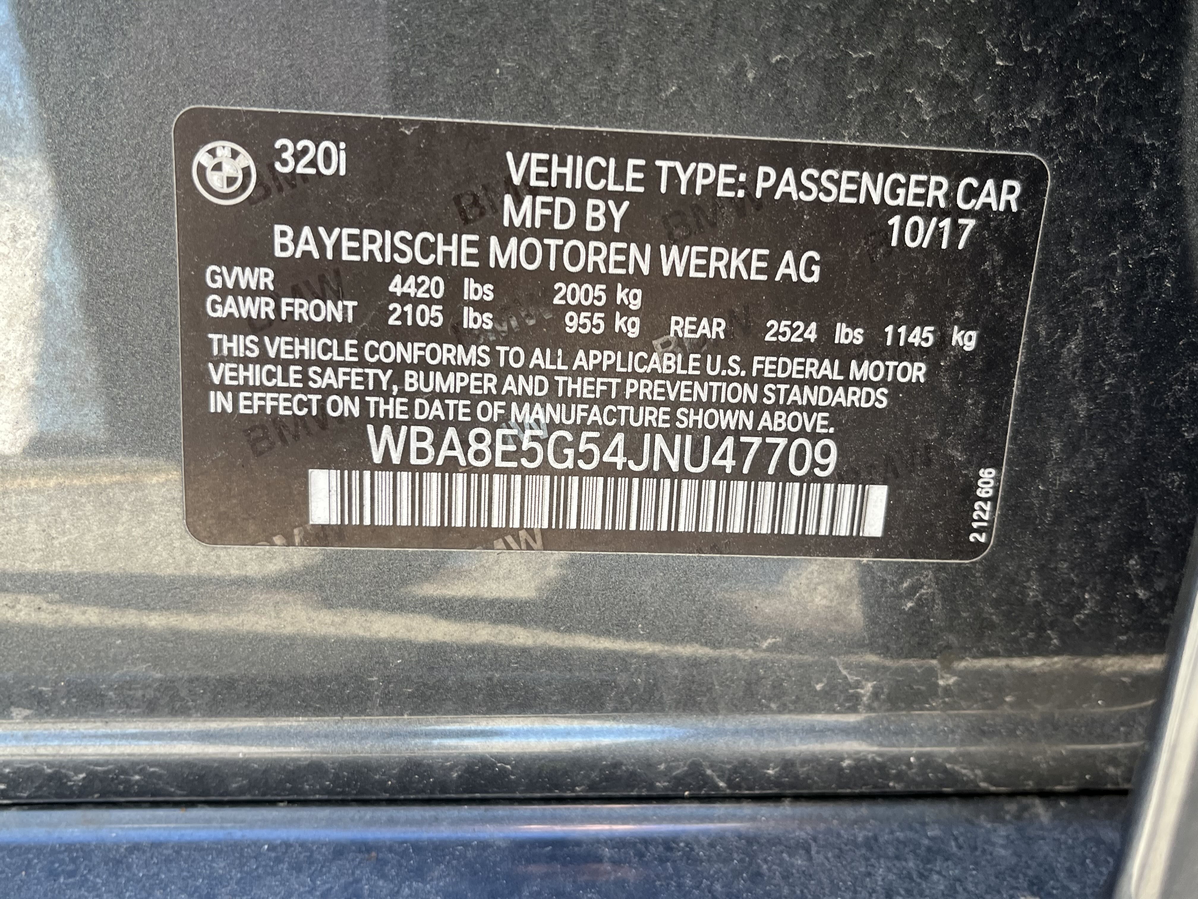 2018 BMW 320 Xi vin: WBA8E5G54JNU47709