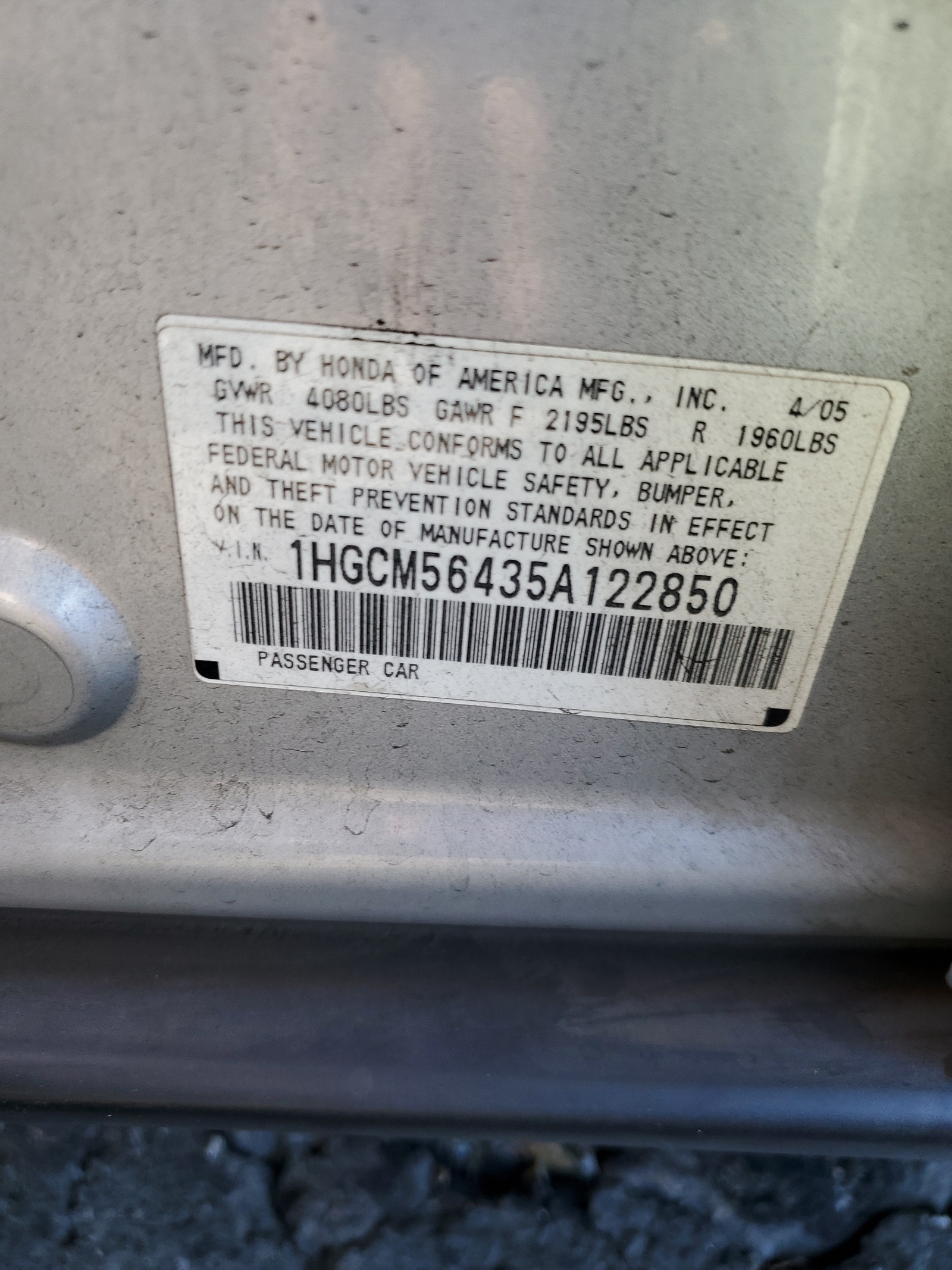 1HGCM56435A122850 2005 Honda Accord Lx