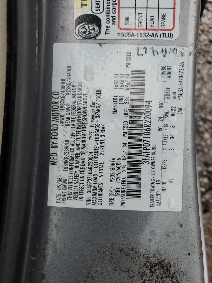 2006 Ford Fusion Se VIN: 3FAFP07106R220094 Lot: 66692664