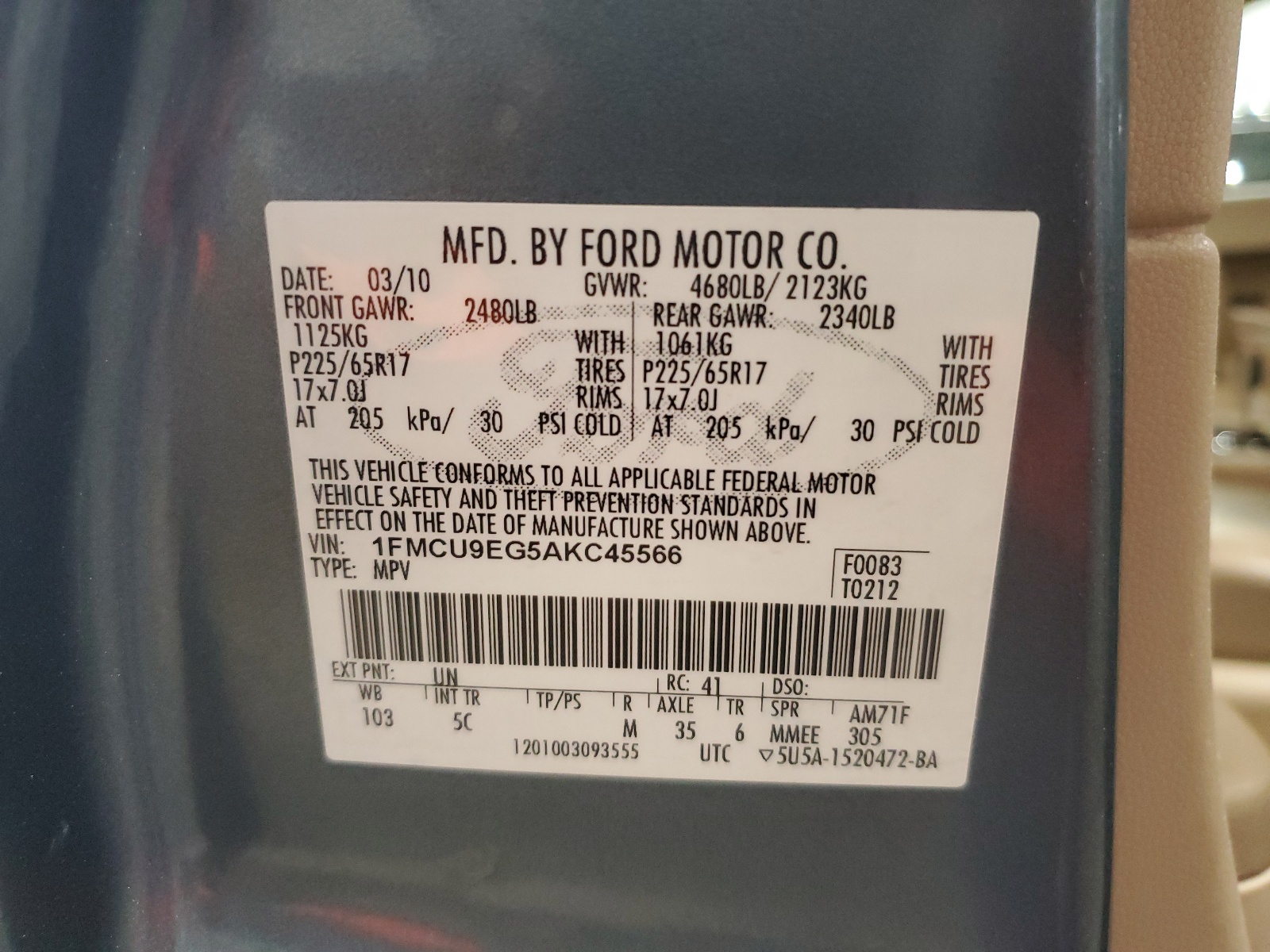1FMCU9EG5AKC45566 2010 Ford Escape Limited