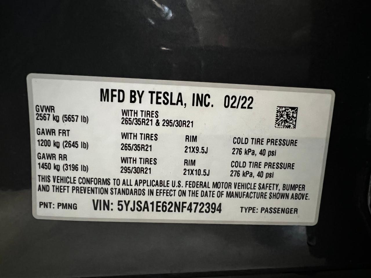 2022 Tesla Model S VIN: 5XJSALE62NF472394 Lot: 67348654