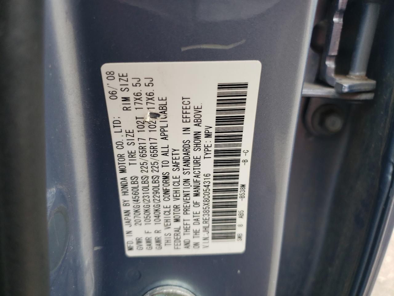 2008 Honda Cr-V Ex VIN: JHLRE385X8C054316 Lot: 65907804