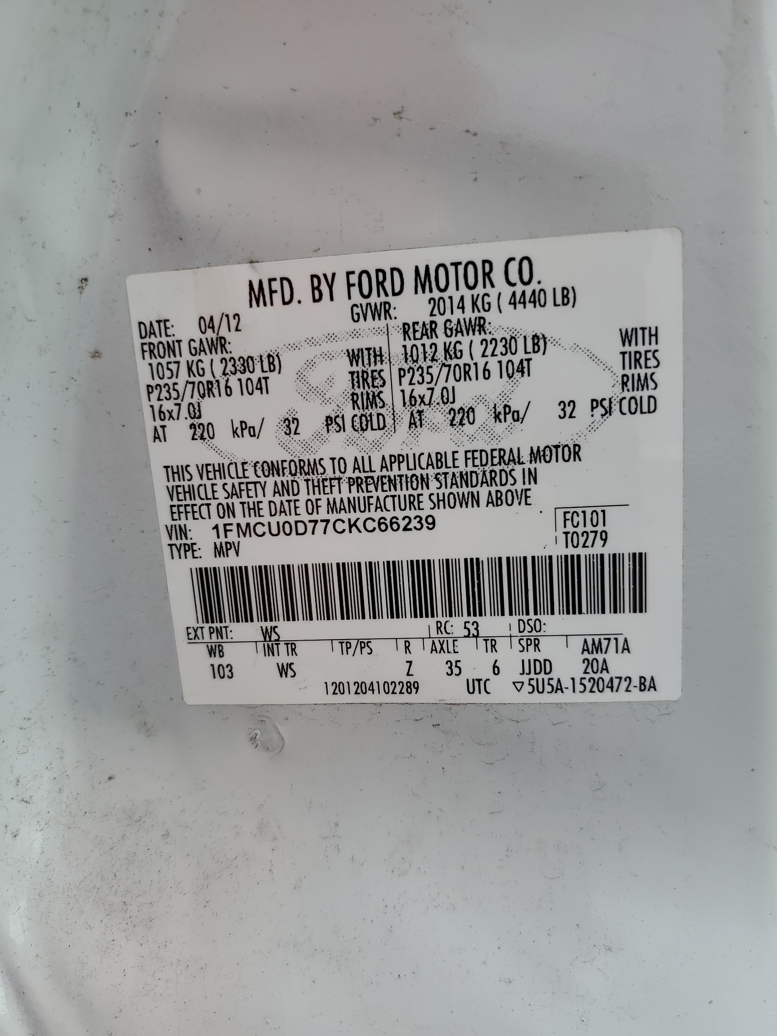1FMCU0D77CKC66239 2012 Ford Escape Xlt