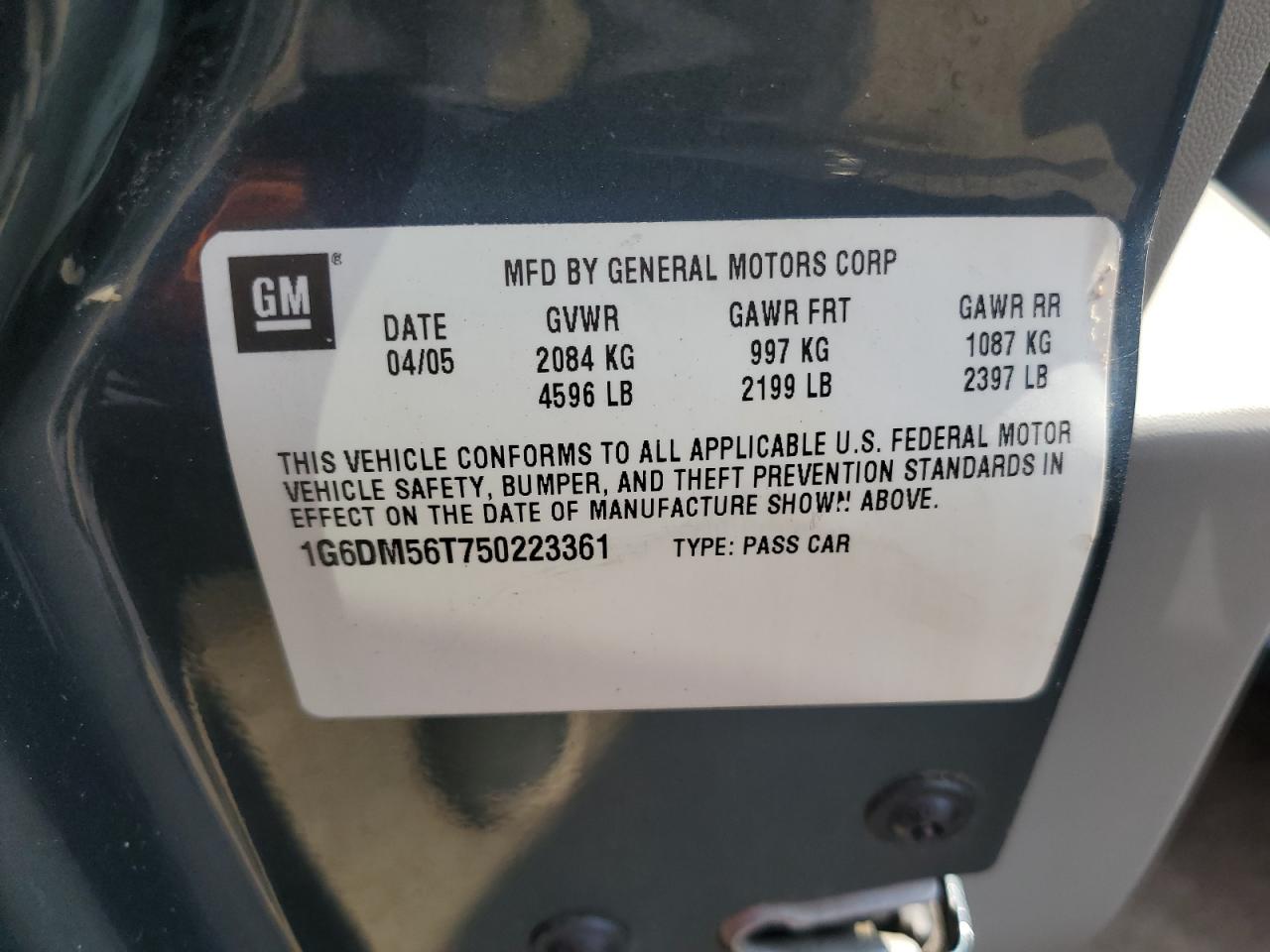 2005 Cadillac Cts VIN: 1G6DM56T750223361 Lot: 67075604