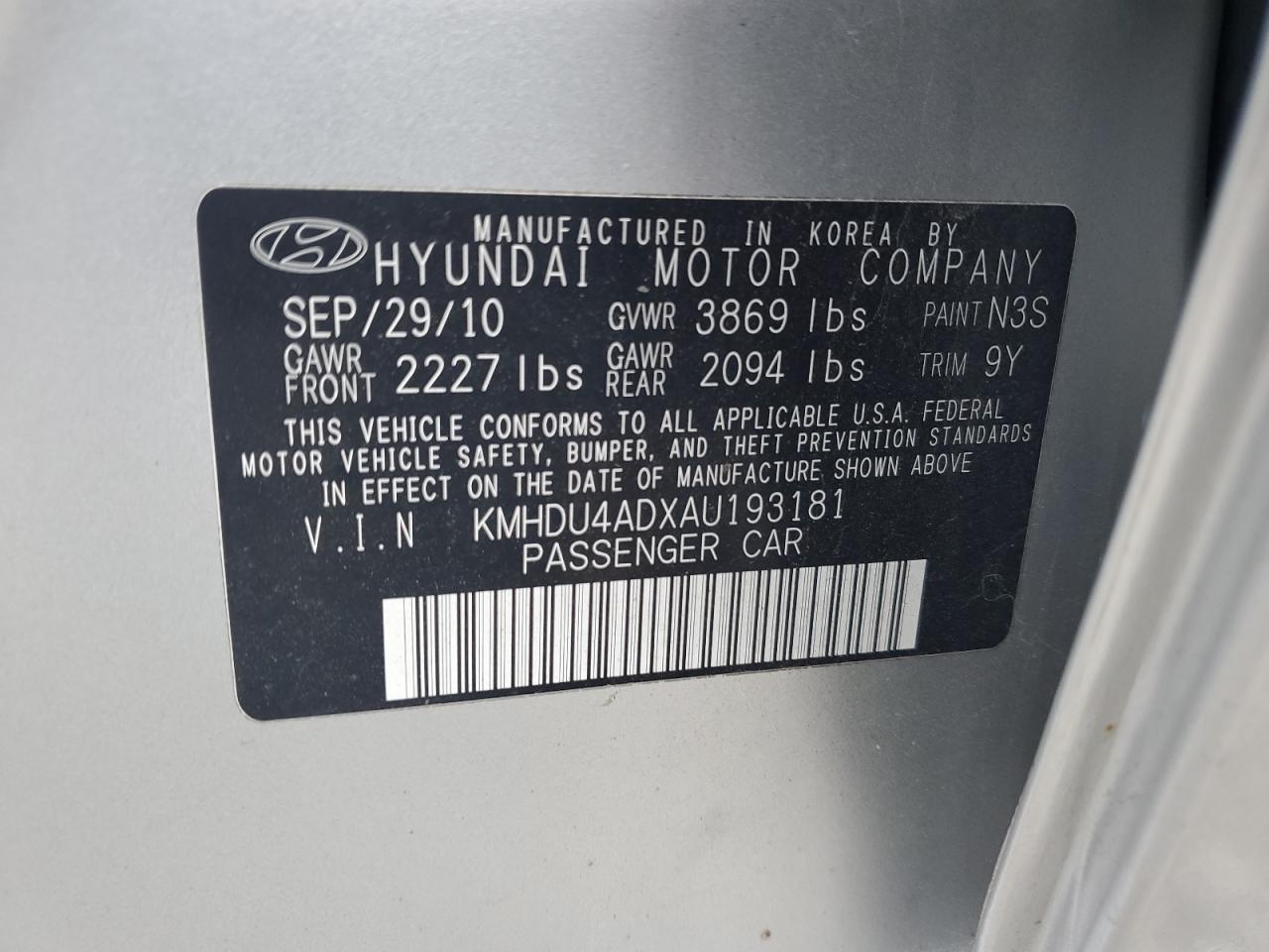 2010 Hyundai Elantra Blue VIN: KMHDU4ADXAU193181 Lot: 65078054