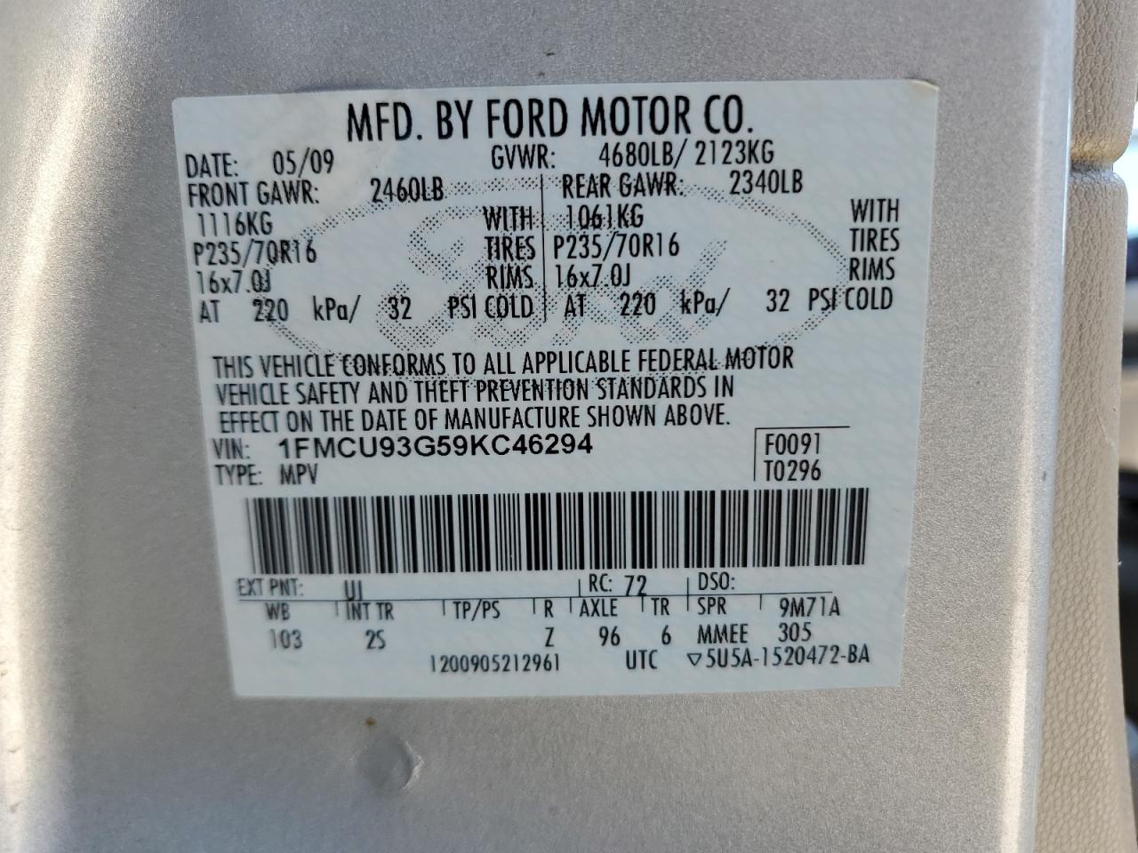 2009 Ford Escape Xlt VIN: 1FMCU93G59KC46294 Lot: 66560754