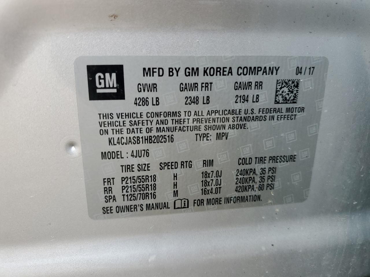 2017 Buick Encore Preferred VIN: KL4CJASB1HB202516 Lot: 66770364