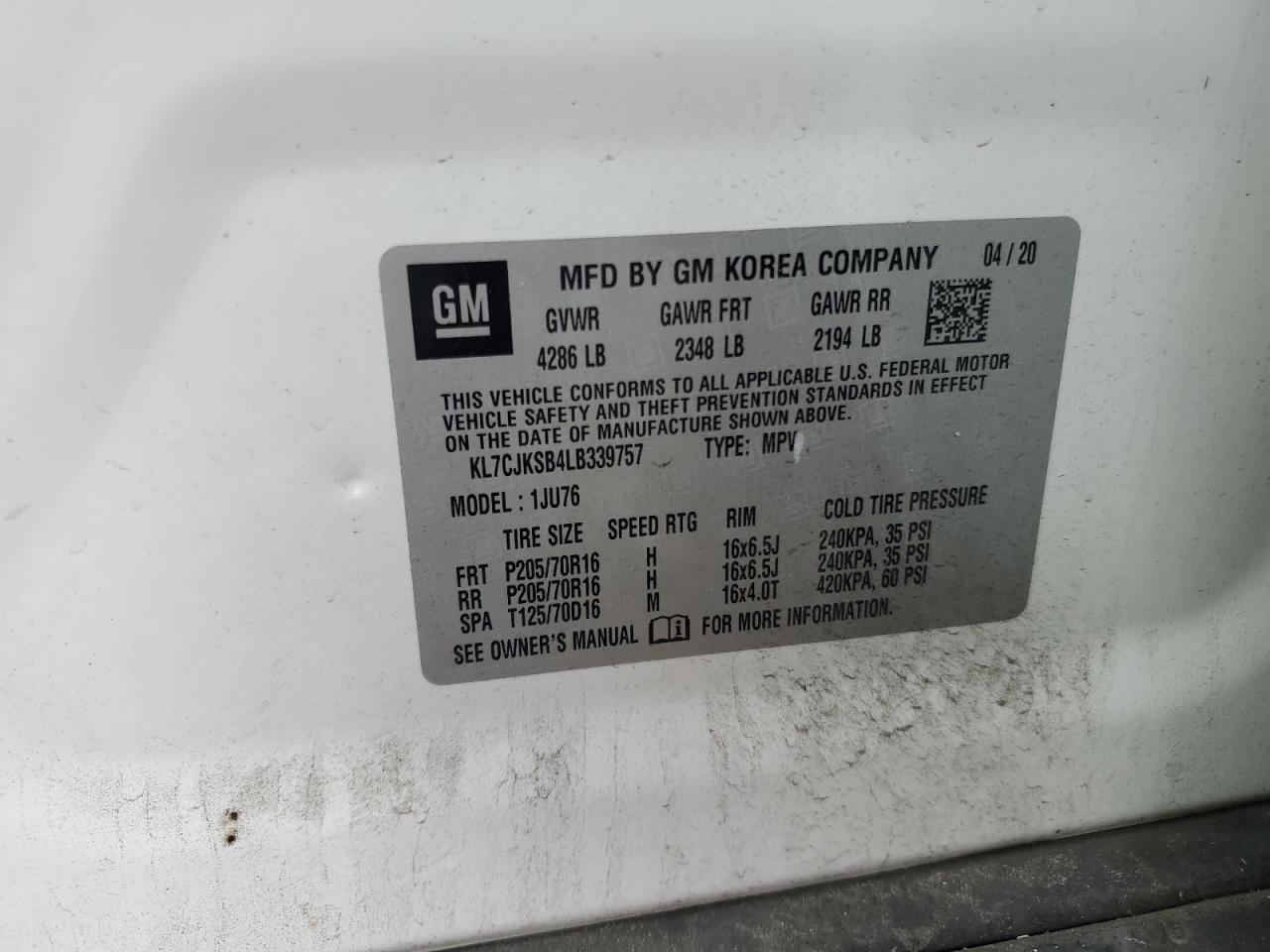 2020 Chevrolet Trax Ls VIN: KL7CJKSB4LB339757 Lot: 67068584