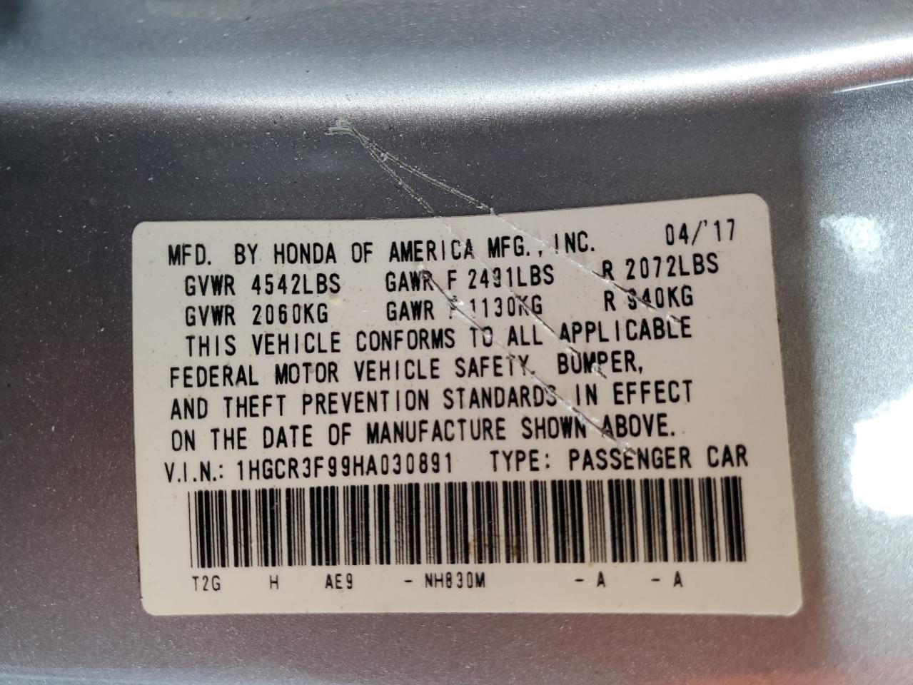 1HGCR3F99HA030891 2017 HONDA ACCORD - Image 12