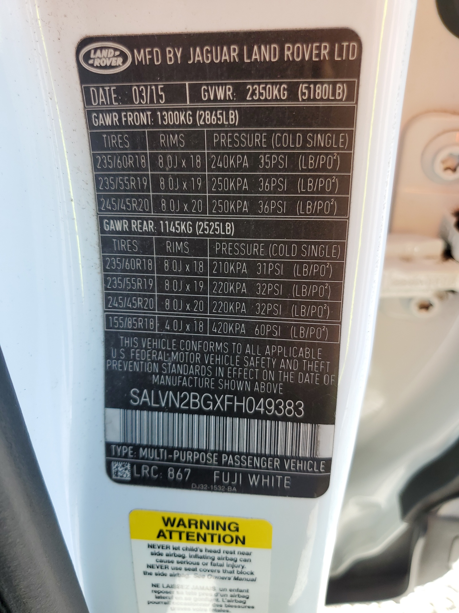 SALVN2BGXFH049383 2015 Land Rover Range Rover Evoque Pure